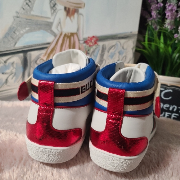 GUCCI Stripe Ace High Top miro soft leather Mens shoes white/multicolor size 10 - Picture 11 of 15